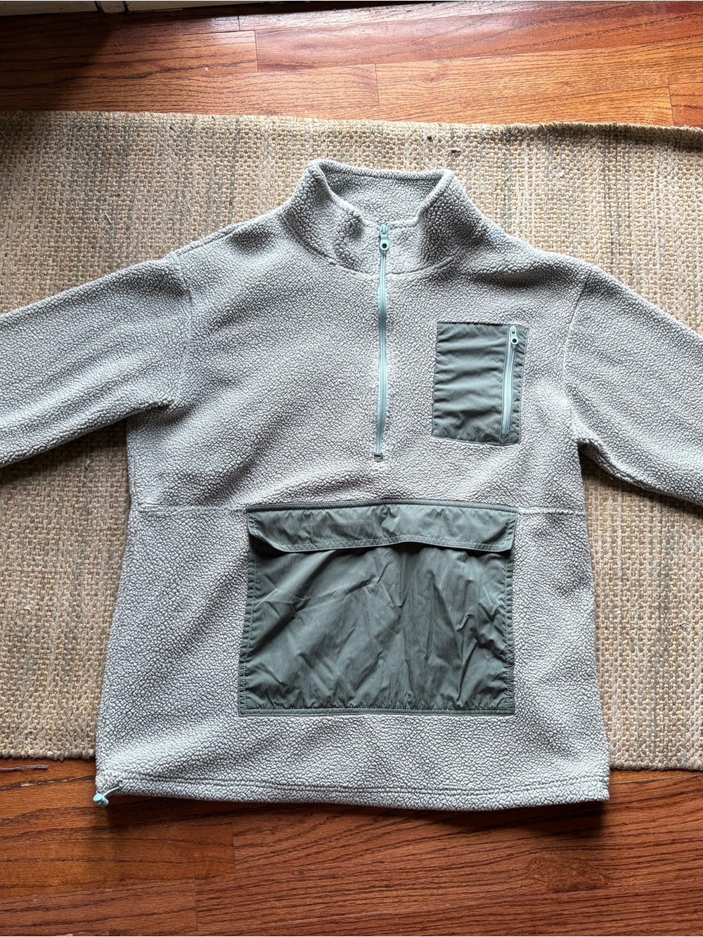 aerie Women's Zip Pullover Sherpa in Light Sage with Olive Pockets